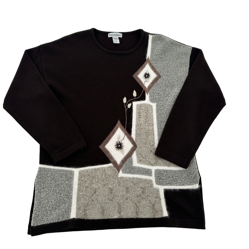 Dressbarn Brown Sweater Angora Rabbit Hair Wool Blend Abstract Knit Cozy Warm XL